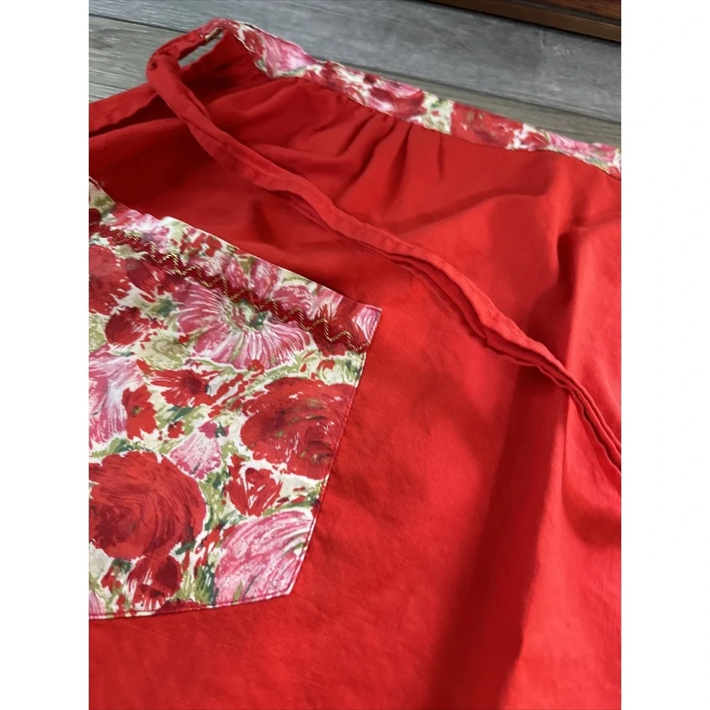 Unbranded Half Apron Women OS Red Excellent‎ Floral Pocket Rickrack Retro Cotton